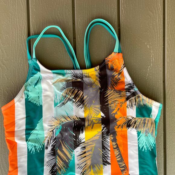 Girls Swimsuit One-piece Swim Sport Wonder Nation Green Orange Large 10/12 GUC - Picture 3 of 12